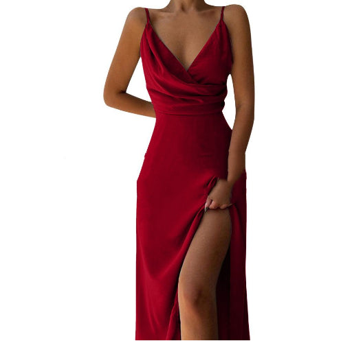 V-neck Slit Sling Dress Summer Fashion Sexy Slim Suspender Dresses For Women Clothing NommL