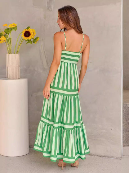 Summer Striped Printed Suspender Long Dress With Pockets Fashion Square Neck Backless Dresses For Beach Vacation Women Clothing NommL