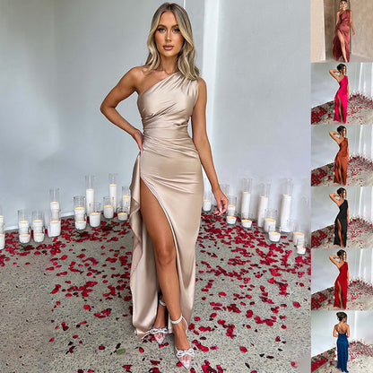 Sexy One-Shoulder Satin Maxi Dress: Elegant Backless Slit Dress for Summer Parties & Formal Events NommL