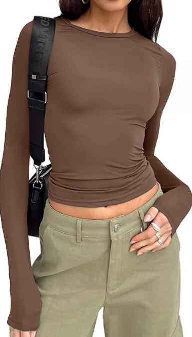 Women's Clothing Fashion Slim Long-sleeved Pullovers Tops Solid Causal Fit Shirts NommL
