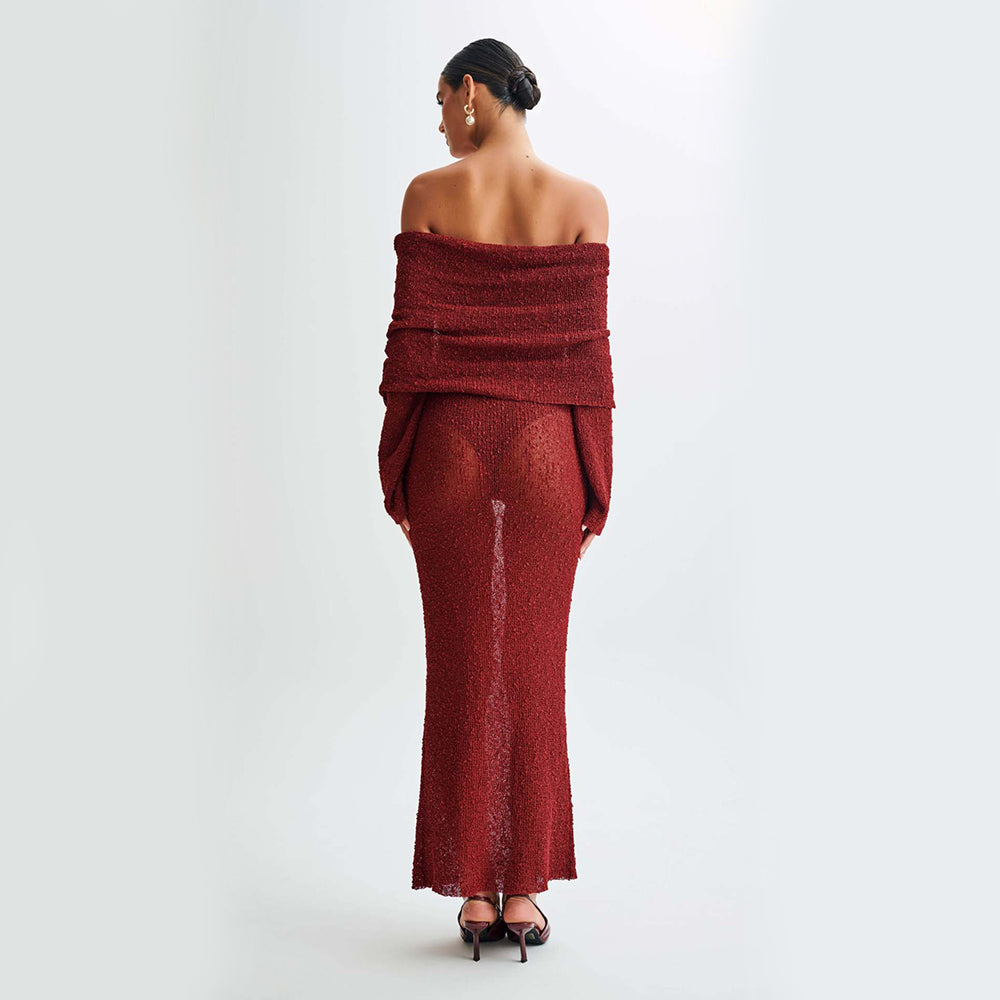 New One-shoulder Knitted Long-sleeved Dress Sexy Beach Holiday Long Dresses Womens Clothing NommL