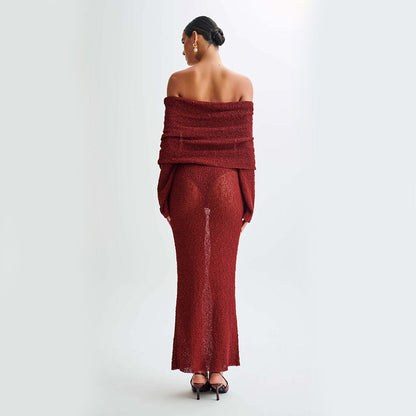 New One-shoulder Knitted Long-sleeved Dress Sexy Beach Holiday Long Dresses Womens Clothing NommL