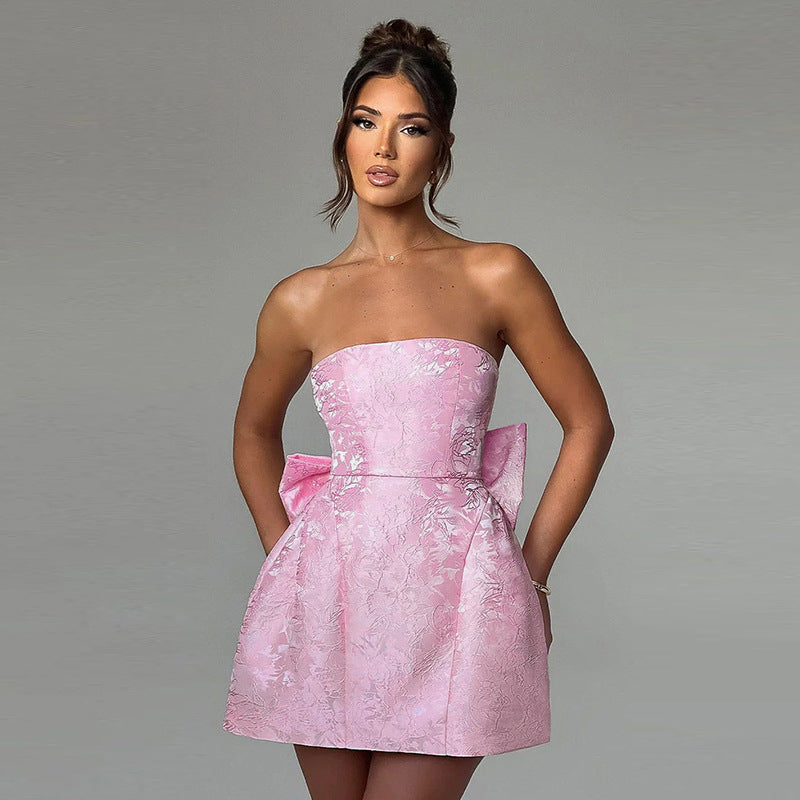Elegant Strapless Mini Dress with Oversized Bow: Chic Summer Party & Evening Gown NommL