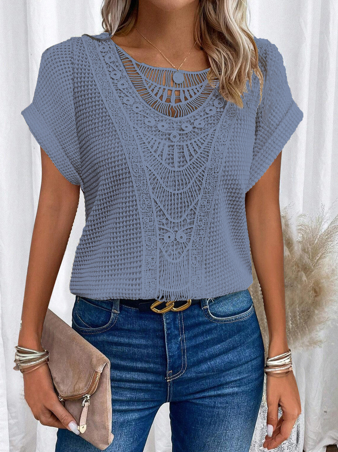 Summer Hollow Out Short-sleeved T-shirt Fashion Ethnic Style Tops Women's Clothing NommL