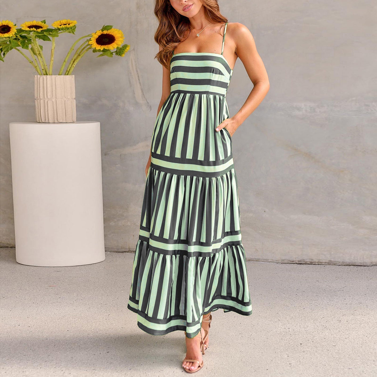 Summer Striped Printed Suspender Long Dress With Pockets Fashion Square Neck Backless Dresses For Beach Vacation Women Clothing NommL