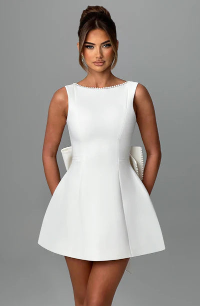 Luxury Pearl Backless Mini Dress with Big Bow: Elegant Summer A-Line Party & Evening Gown NommL