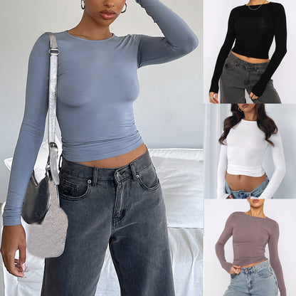 Women's Clothing Fashion Slim Long-sleeved Pullovers Tops Solid Causal Fit Shirts NommL