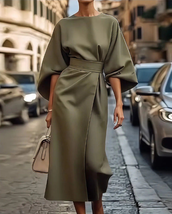 Loose Batwing Sleeve Dress Fashion Waist-tighted Solid Color Elegant Dresses For Women Clothing NommL