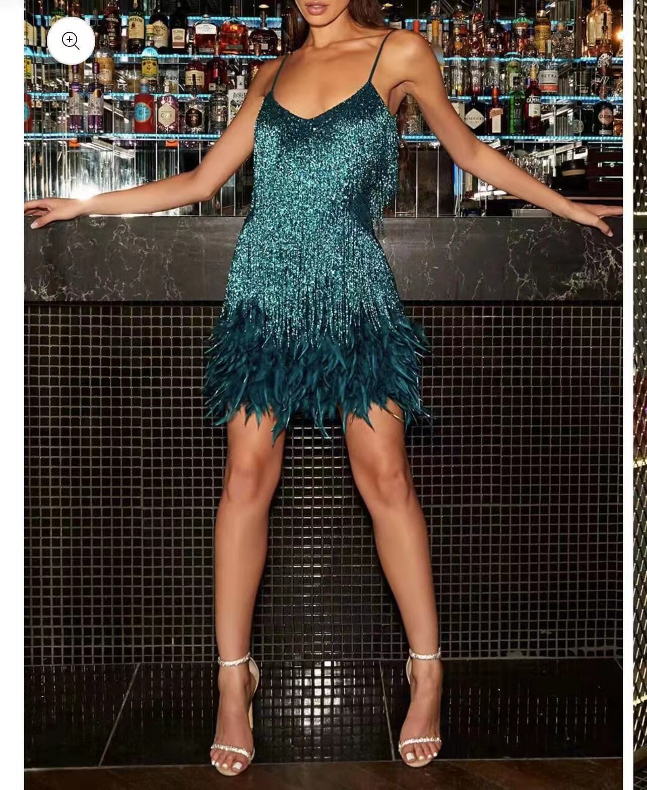 Sexy Tassel Sequins Feather Summer Mini Dress Women V Neck Spaghetti Strap Stitching Dresses Female Elegant Evening Party Club Dress NommL