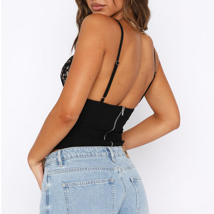 Women's V-neck Camisole Lace Vest With Back Zipper Design Summer Slim Sleeveless Tops NommL