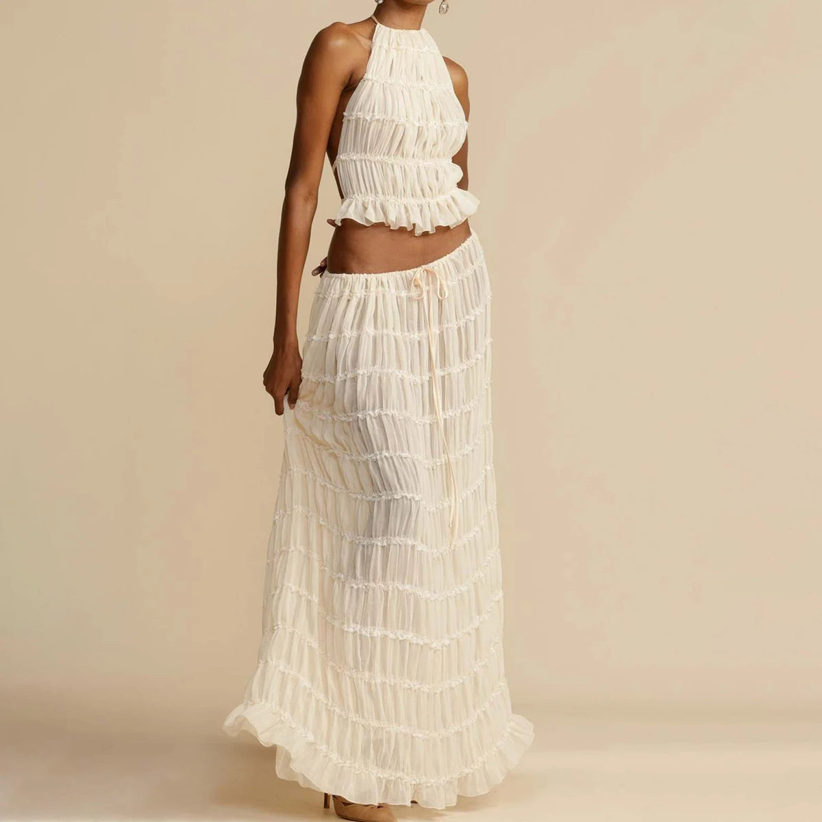 Summer Boho 2-Piece Set: Halter Crop Top & High-Waisted Pleated Maxi Skirt NommL