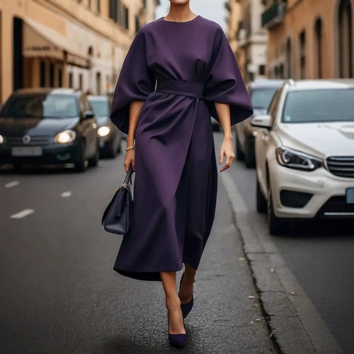 Loose Batwing Sleeve Dress Fashion Waist-tighted Solid Color Elegant Dresses For Women Clothing NommL