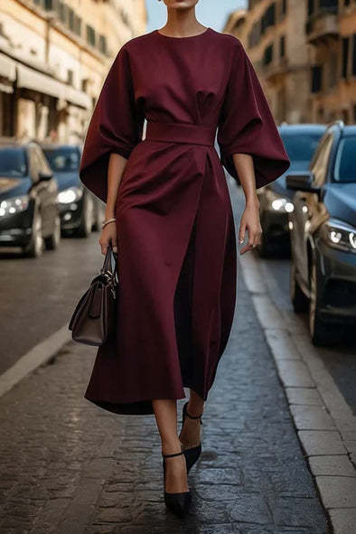 Loose Batwing Sleeve Dress Fashion Waist-tighted Solid Color Elegant Dresses For Women Clothing NommL