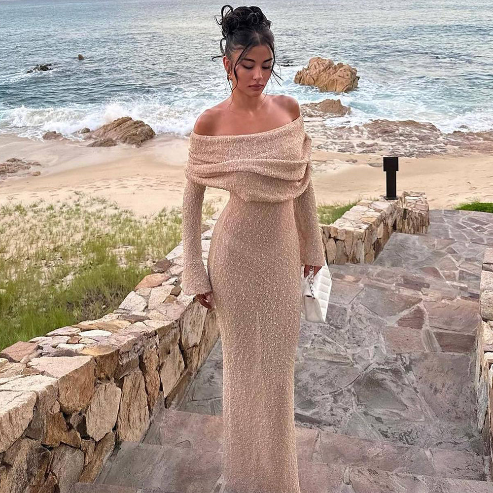 New One-shoulder Knitted Long-sleeved Dress Sexy Beach Holiday Long Dresses Womens Clothing NommL