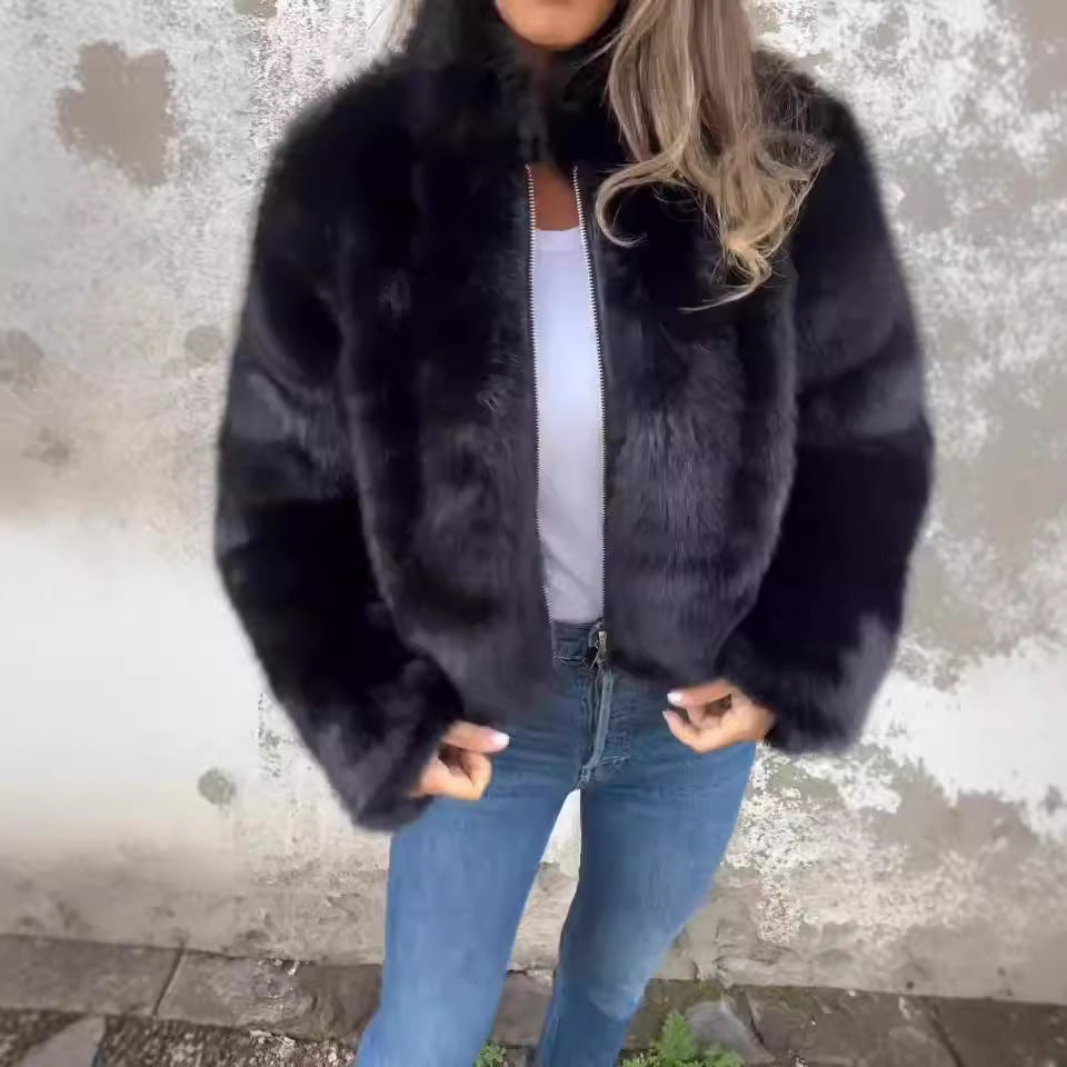 Fashion Stand Collar Plush Jacket Winter Casual Turtleneck Zipper Coat Fleece Tops Women's Clothing NommL