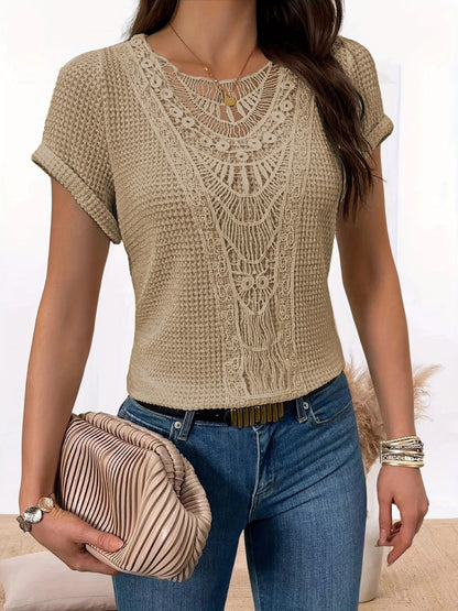 Summer Hollow Out Short-sleeved T-shirt Fashion Ethnic Style Tops Women's Clothing NommL