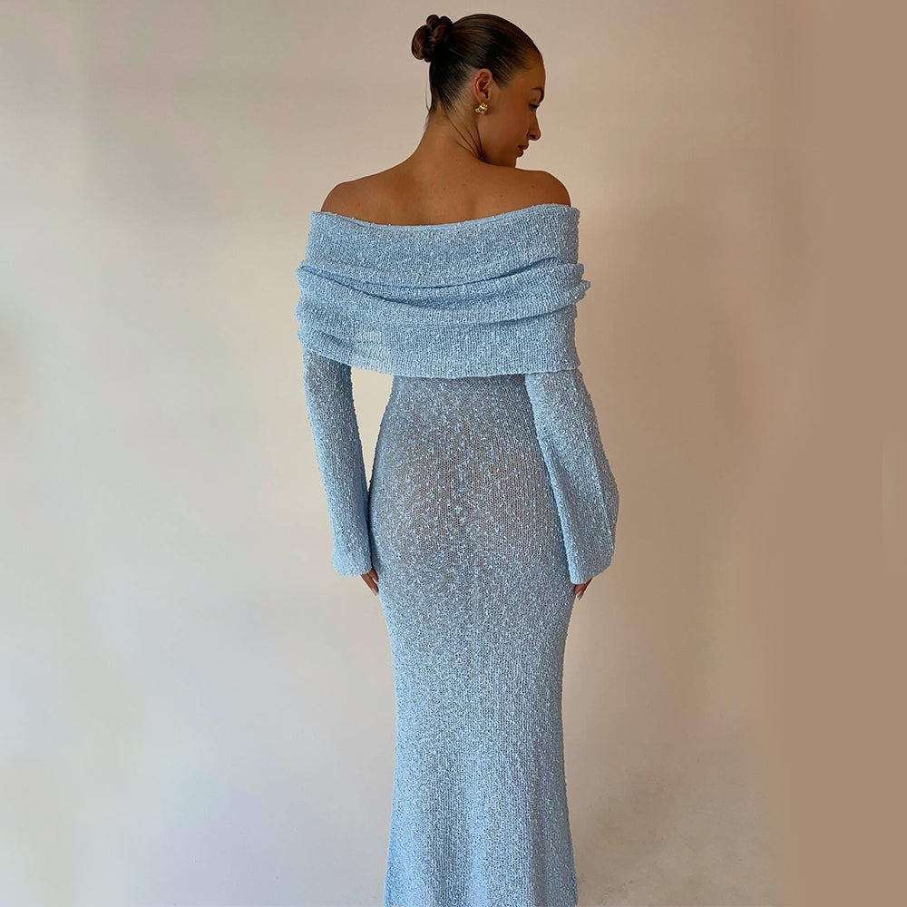 New One-shoulder Knitted Long-sleeved Dress Sexy Beach Holiday Long Dresses Womens Clothing NommL