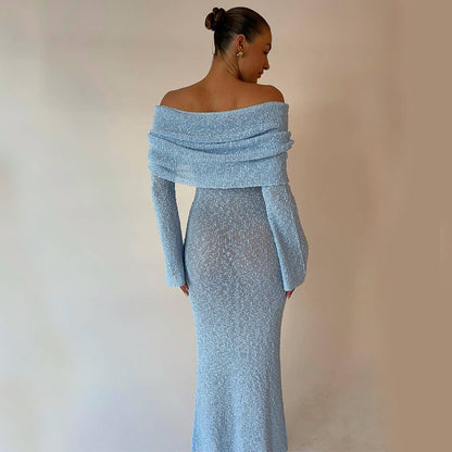 New One-shoulder Knitted Long-sleeved Dress Sexy Beach Holiday Long Dresses Womens Clothing NommL