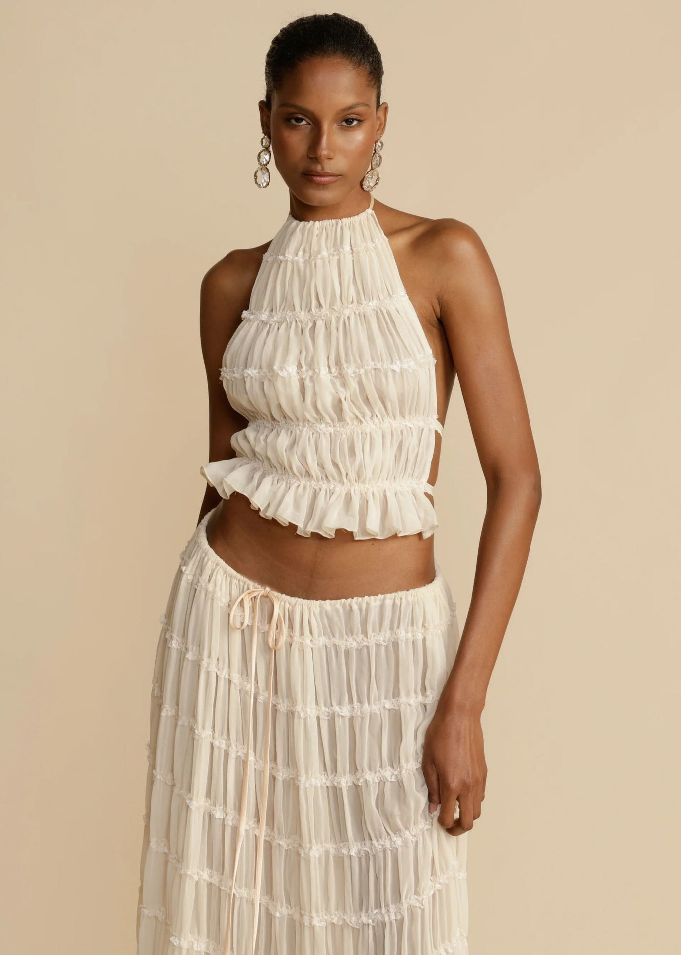 Summer Boho 2-Piece Set: Halter Crop Top & High-Waisted Pleated Maxi Skirt NommL