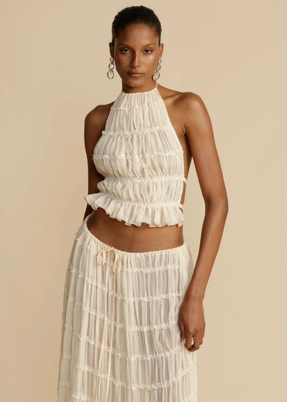 Summer Boho 2-Piece Set: Halter Crop Top & High-Waisted Pleated Maxi Skirt NommL
