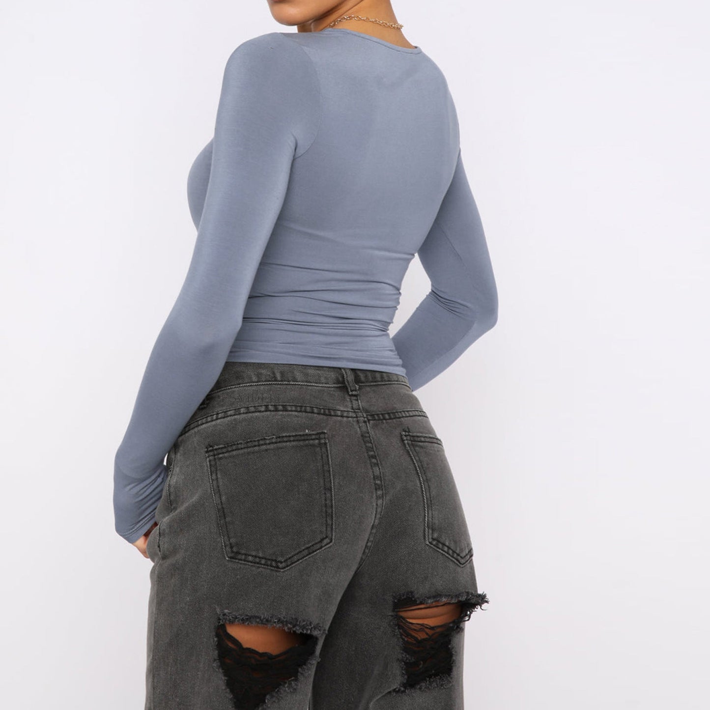 Women's Clothing Fashion Slim Long-sleeved Pullovers Tops Solid Causal Fit Shirts NommL