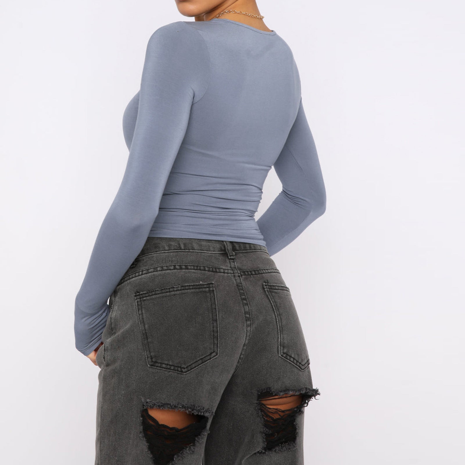 Women's Clothing Fashion Slim Long-sleeved Pullovers Tops Solid Causal Fit Shirts NommL
