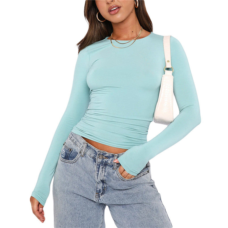 Women's Clothing Fashion Slim Long-sleeved Pullovers Tops Solid Causal Fit Shirts NommL