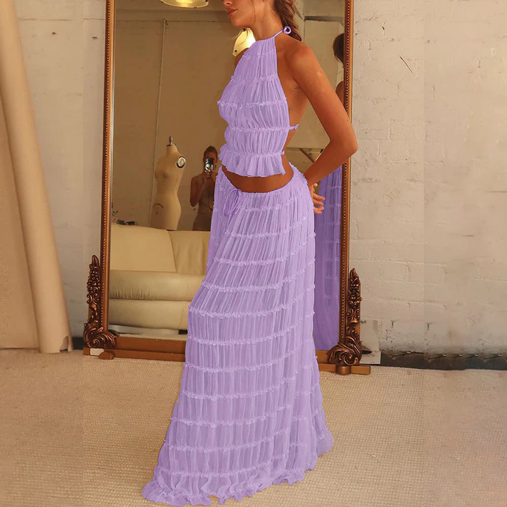 Summer Boho 2-Piece Set: Halter Crop Top & High-Waisted Pleated Maxi Skirt NommL