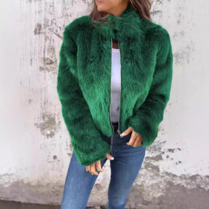 Fashion Stand Collar Plush Jacket Winter Casual Turtleneck Zipper Coat Fleece Tops Women's Clothing NommL