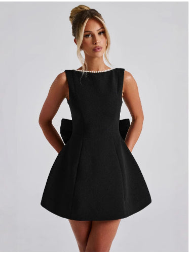 Luxury Pearl Backless Mini Dress with Big Bow: Elegant Summer A-Line Party & Evening Gown NommL