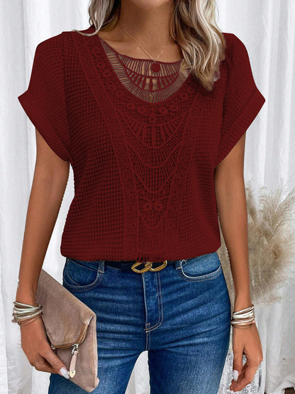 Summer Hollow Out Short-sleeved T-shirt Fashion Ethnic Style Tops Women's Clothing NommL