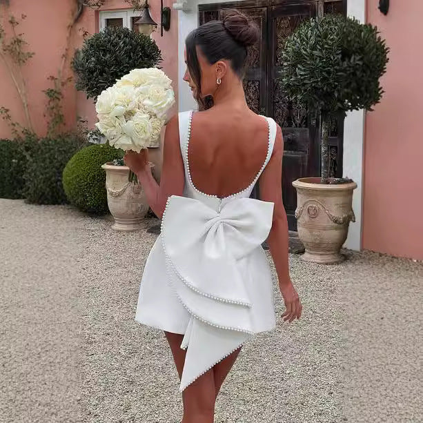 Luxury Pearl Backless Mini Dress with Big Bow: Elegant Summer A-Line Party & Evening Gown NommL