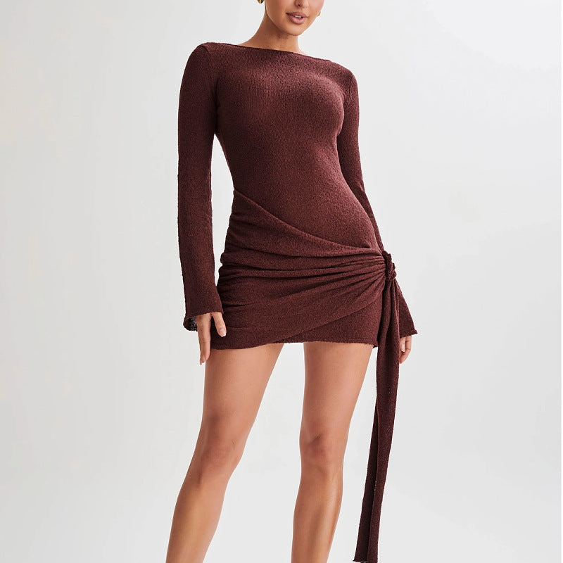 Fashion Slim Long-sleeved Dress Y2K Sexy Hip-hugging V-shaped Backless Short Dresses Womens Clothing NommL