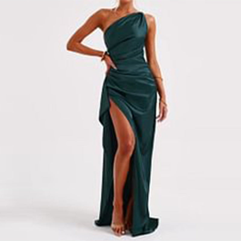 Sexy One-Shoulder Satin Maxi Dress: Elegant Backless Slit Dress for Summer Parties & Formal Events NommL