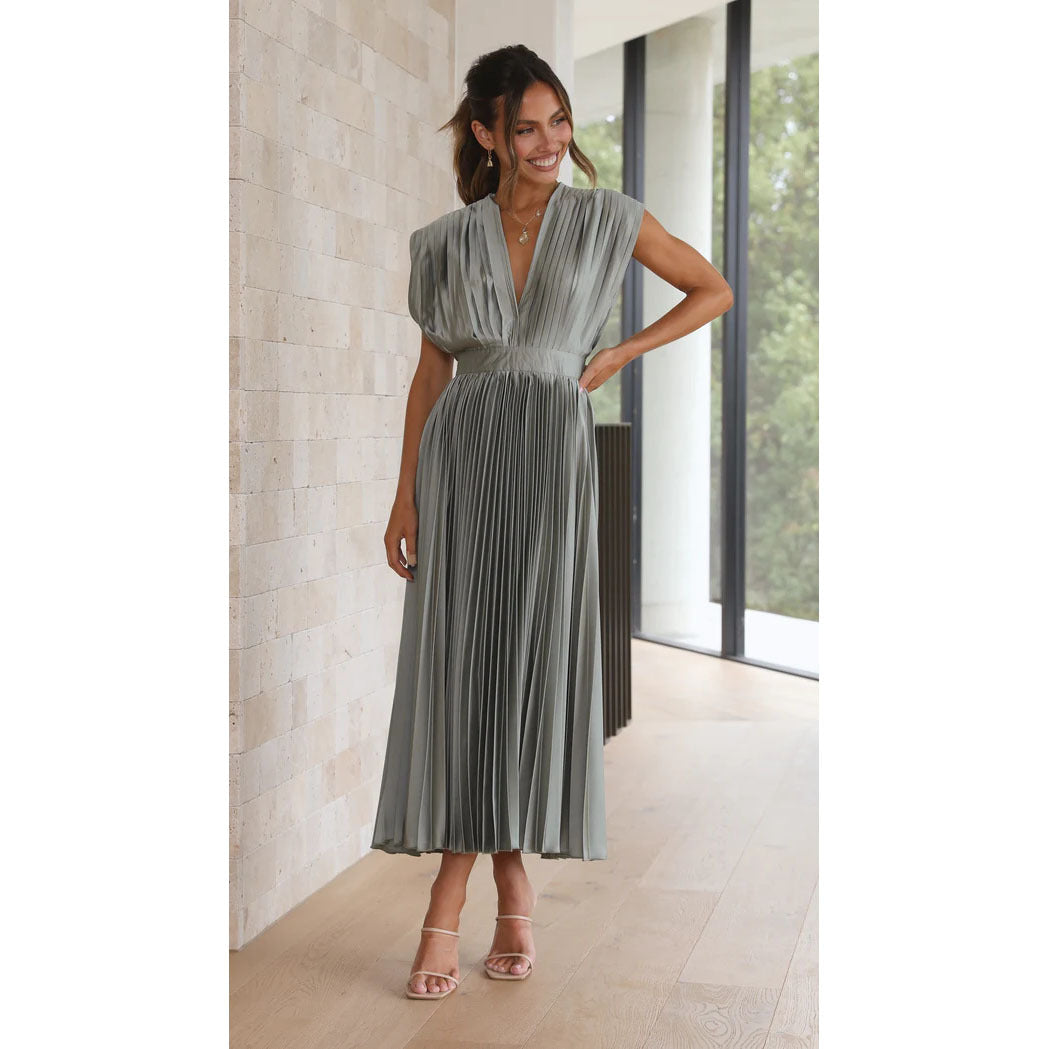 Elegant V-Neck Pleated Maxi Dress: Sleeveless Loose Fit Evening Gown for Weddings & Parties NommL