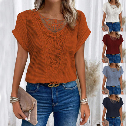 Summer Hollow Out Short-sleeved T-shirt Fashion Ethnic Style Tops Women's Clothing NommL