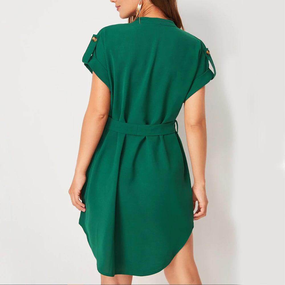 V-neck Short Sleeve Dress With Belt Summer Fashion Bowknot Dresses For Women Clothing NommL