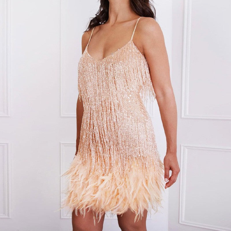 Sexy Tassel Sequins Feather Summer Mini Dress Women V Neck Spaghetti Strap Stitching Dresses Female Elegant Evening Party Club Dress NommL