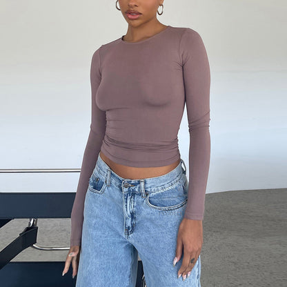 Women's Clothing Fashion Slim Long-sleeved Pullovers Tops Solid Causal Fit Shirts NommL