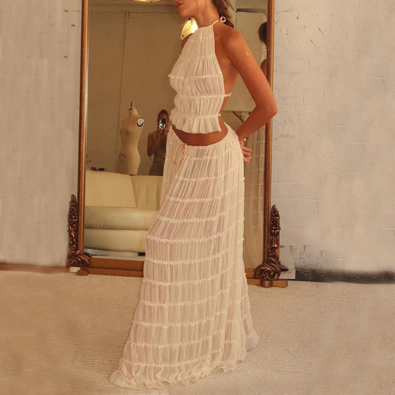 Summer Boho 2-Piece Set: Halter Crop Top & High-Waisted Pleated Maxi Skirt NommL