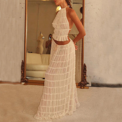 Summer Boho 2-Piece Set: Halter Crop Top & High-Waisted Pleated Maxi Skirt NommL