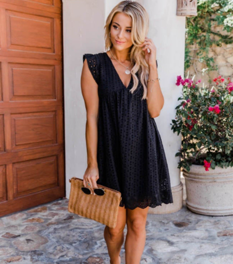 Lace Dresses With Pocket Summer Sleeveless Jacquard Cutout V-Neck Beach Dress NommL