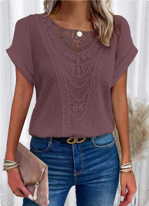 Summer Hollow Out Short-sleeved T-shirt Fashion Ethnic Style Tops Women's Clothing NommL
