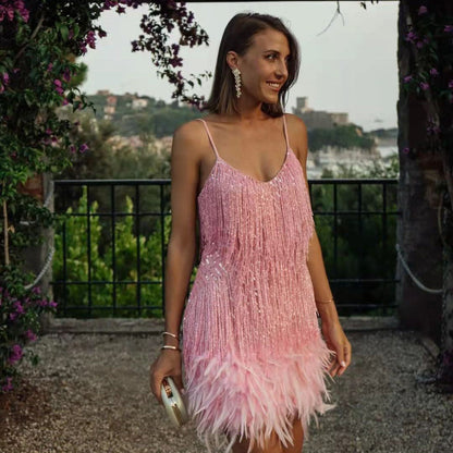 Sexy Tassel Sequins Feather Summer Mini Dress Women V Neck Spaghetti Strap Stitching Dresses Female Elegant Evening Party Club Dress NommL