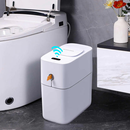 White electronic device with wireless connectivity symbol next to a toilet in a bathroom setting.