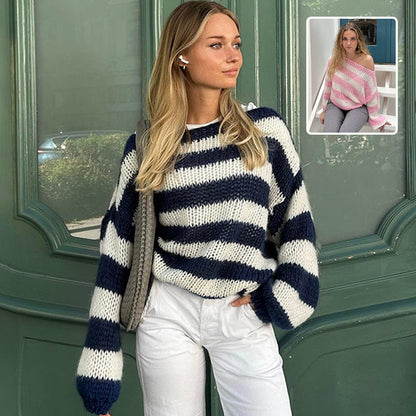 Loose Striped Pullover Sweater Fashion Versatile Long-sleeved Knitted Tops For Women Clothing NommL