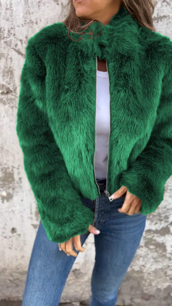 Fashion Stand Collar Plush Jacket Winter Casual Turtleneck Zipper Coat Fleece Tops Women's Clothing NommL