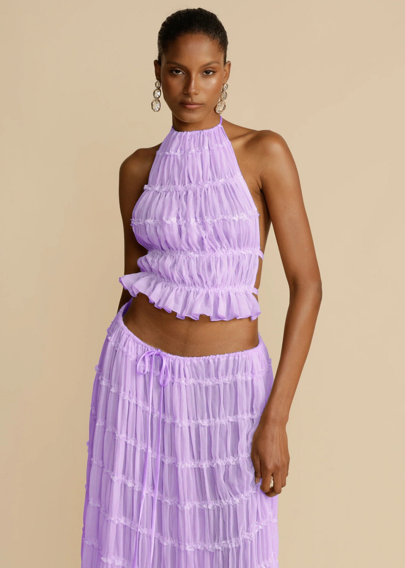 Summer Boho 2-Piece Set: Halter Crop Top & High-Waisted Pleated Maxi Skirt NommL