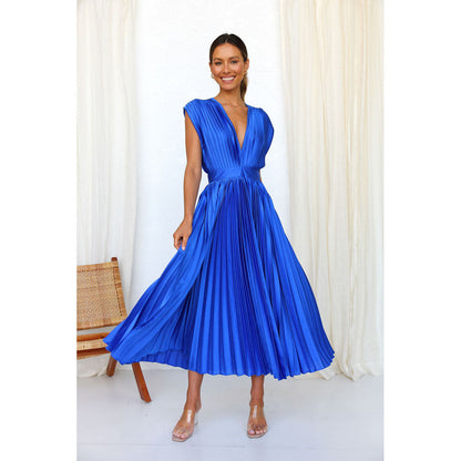 Elegant V-Neck Pleated Maxi Dress: Sleeveless Loose Fit Evening Gown for Weddings & Parties NommL