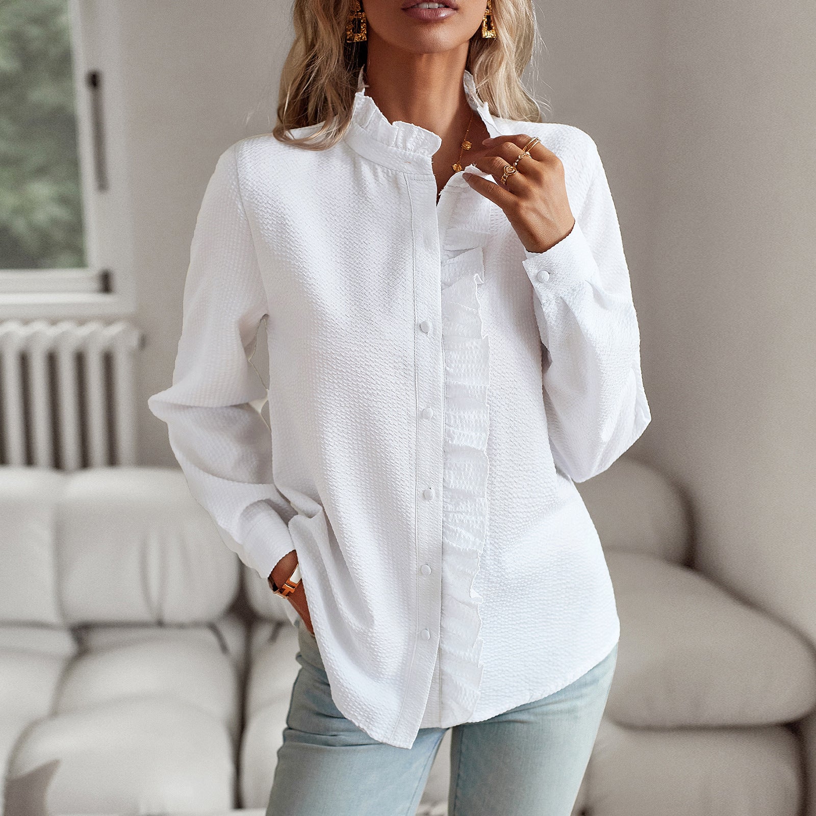 Striped Long Sleeve Shirt Fashion Ruffle Design Button Up Tops Casual Office Blouse Elegant Commuting Women's Clothing NommL